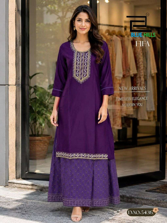 BLUE HILLS FIFA 5435 to 5440 Series Rayon Embroidered Kurti Pant Set