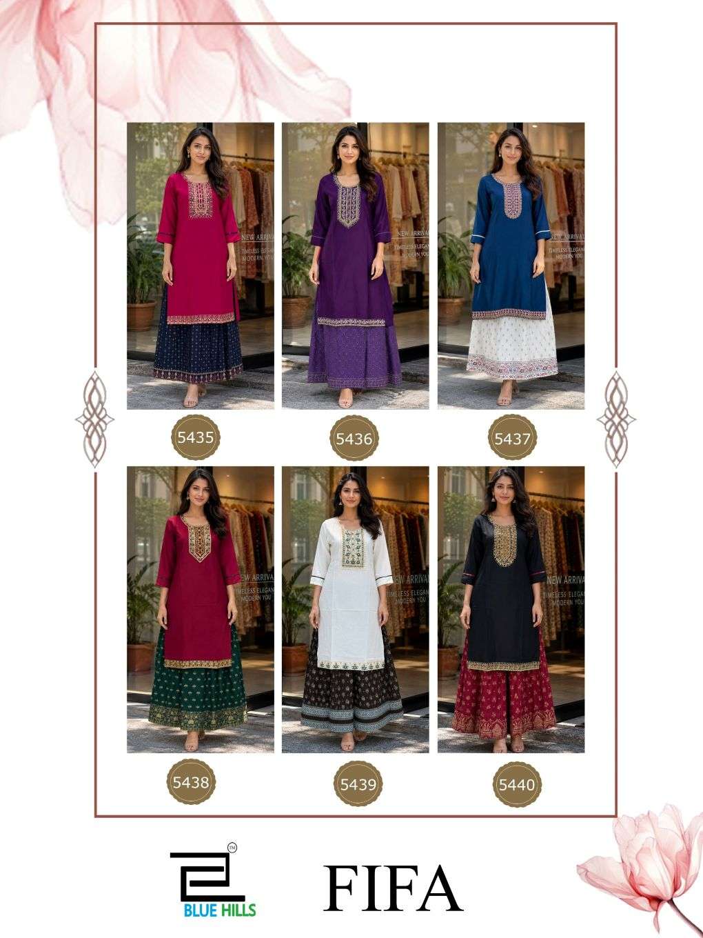 BLUE HILLS FIFA 5435 to 5440 Series Rayon Embroidered Kurti Pant Set