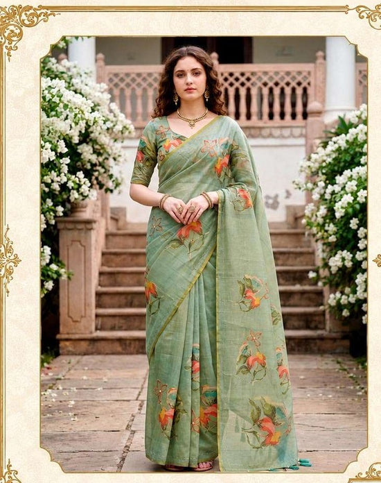 BUNAWAT ERODI Cotton Printed Aari Work Saree with Blouse