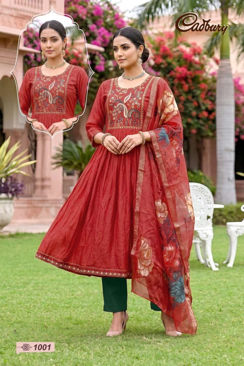 Amrah Wholesale Cadbury Vol 1 Viscose Vertican Silk Kurti Pant Dupatta Set