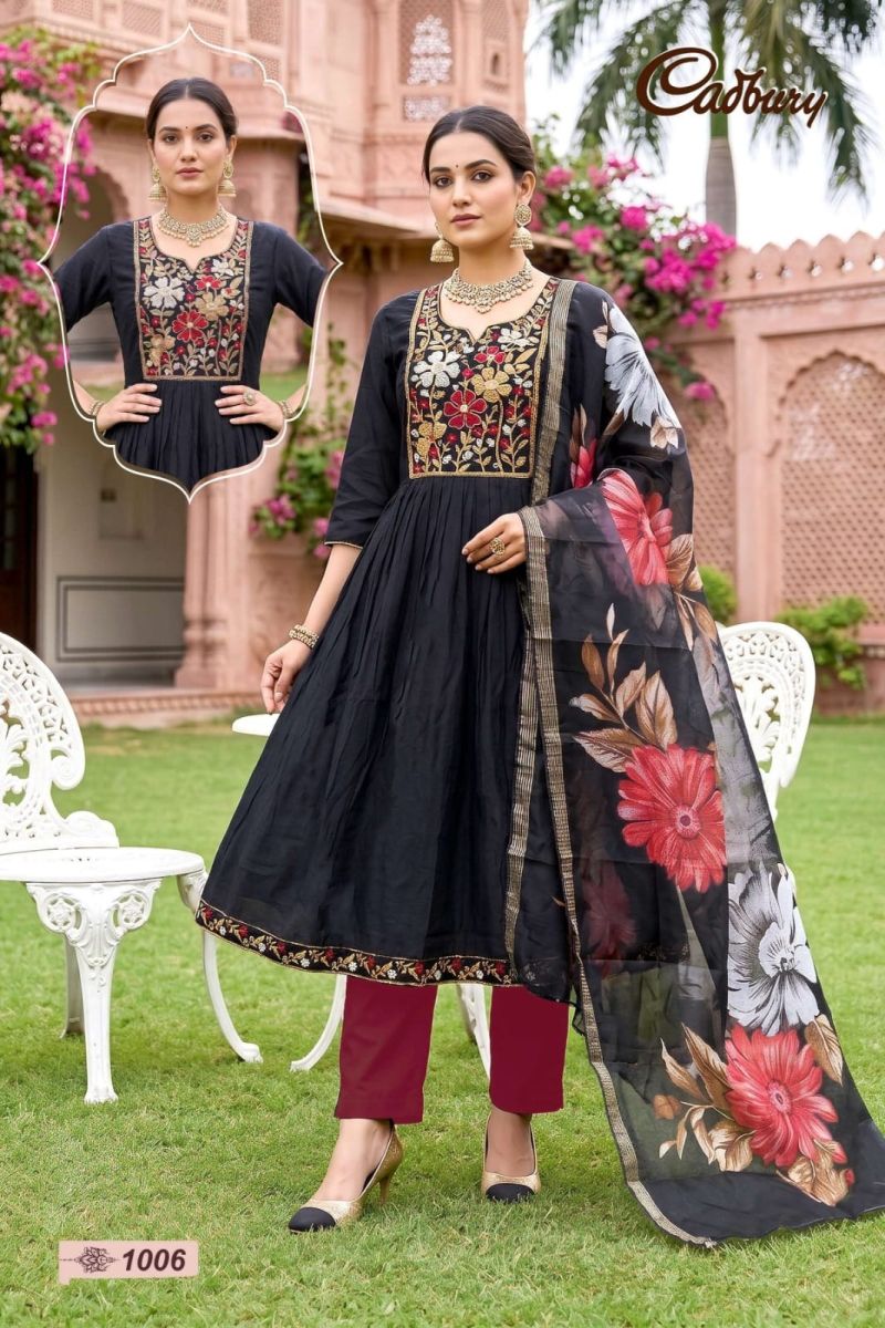 Amrah Wholesale Cadbury Vol 1 Viscose Vertican Silk Kurti Pant Dupatta Set