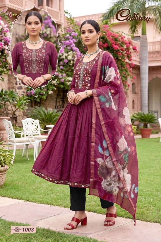 Amrah Wholesale Cadbury Vol 1 Viscose Vertican Silk Kurti Pant Dupatta Set