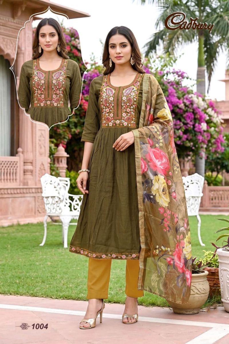 Amrah Wholesale Cadbury Vol 1 Viscose Vertican Silk Kurti Pant Dupatta Set