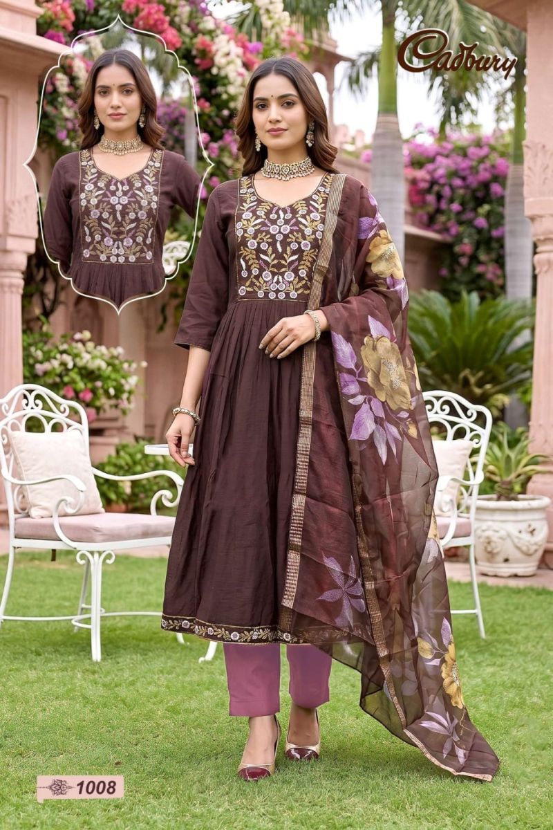 Amrah Wholesale Cadbury Vol 1 Viscose Vertican Silk Kurti Pant Dupatta Set