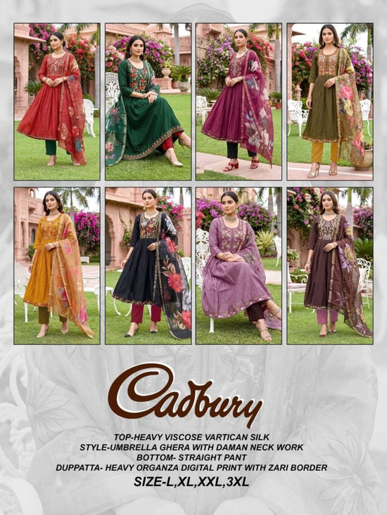 Amrah Wholesale Cadbury Vol 1 Viscose Vertican Silk Kurti Pant Dupatta Set