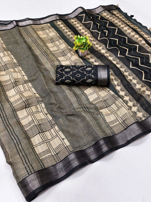Amrah Wholesale Chiku And Black Linen Printed Saree
