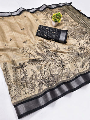 Amrah Wholesale Chiku And Black Linen Printed Saree