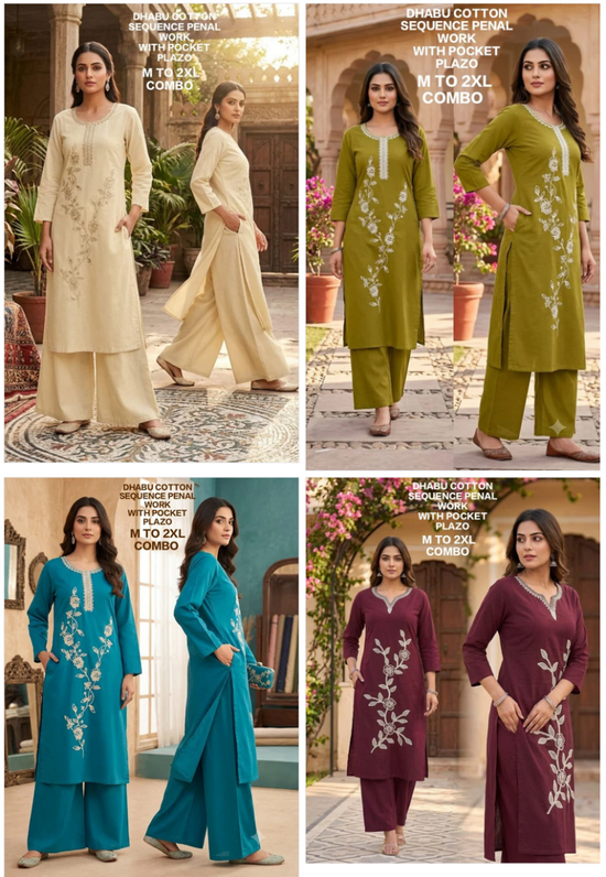 Amrah Dhabu Cotton 1 Dhabu Cotton Embroidered Kurti Pant Set