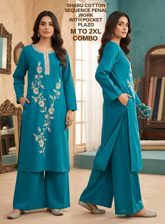 Amrah Dhabu Cotton 1 Dhabu Cotton Embroidered Kurti Pant Set