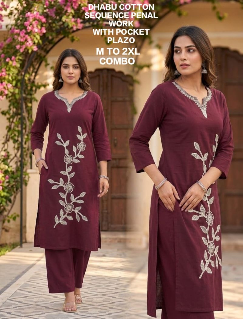 Amrah Dhabu Cotton 1 Dhabu Cotton Embroidered Kurti Pant Set