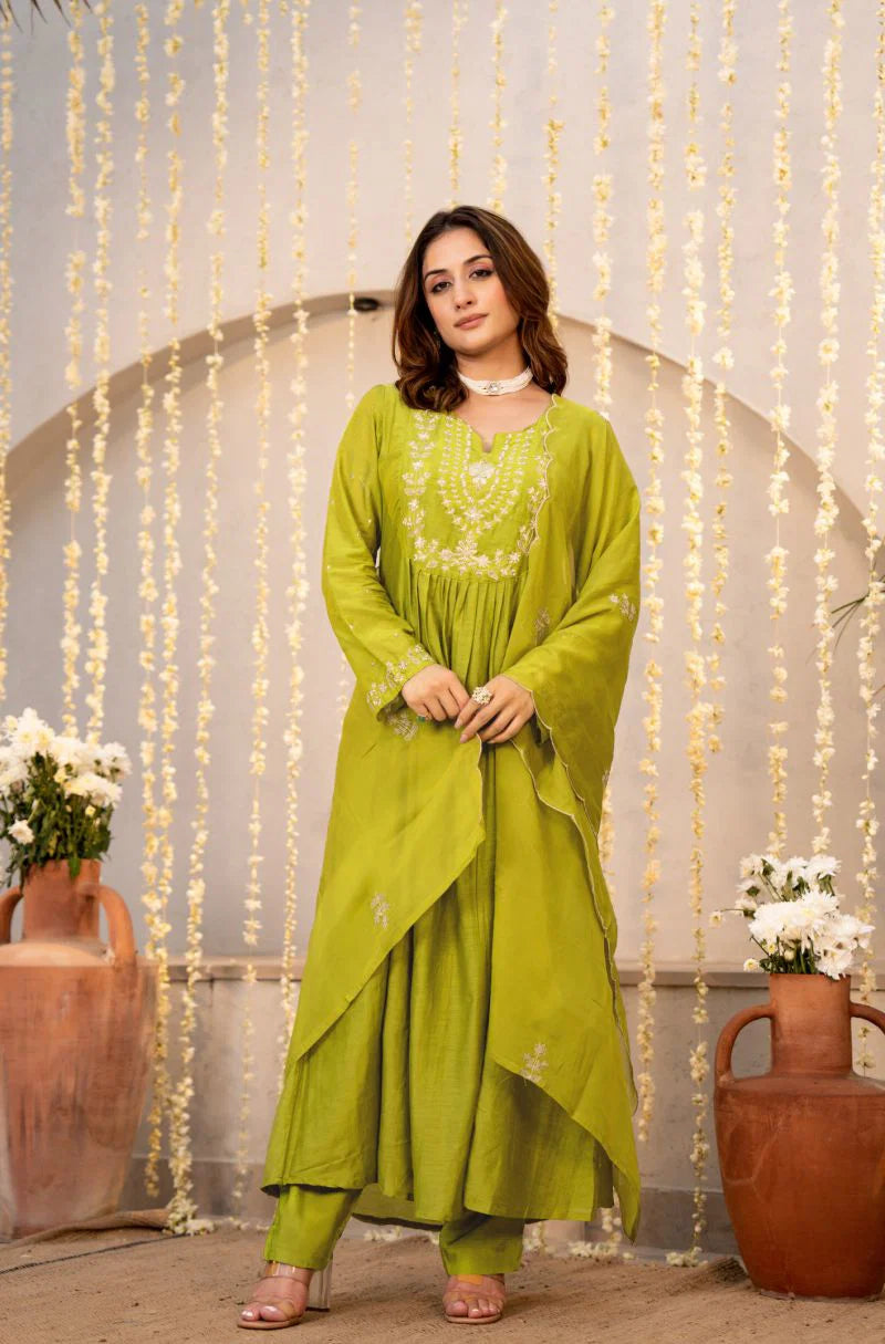Amrah Dhruvi 474 Silk Embroidered Anarkali Kurti Pant Dupatta Set