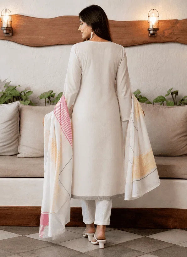 Amrah Drd 06 White Cotton Jacquard Kurti Pant Dupatta Set