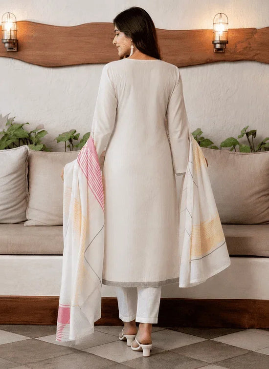 Amrah Drd 06 White Cotton Jacquard Kurti Pant Dupatta Set