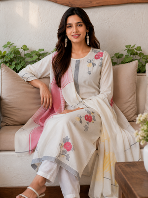 Amrah Drd 06 White Cotton Jacquard Kurti Pant Dupatta Set