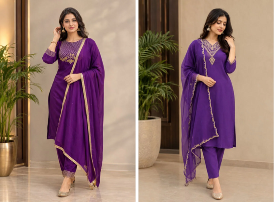 Amrah Emily 31 And 32 Slub Rayon Embroidered Kurti Pant Dupatta Set