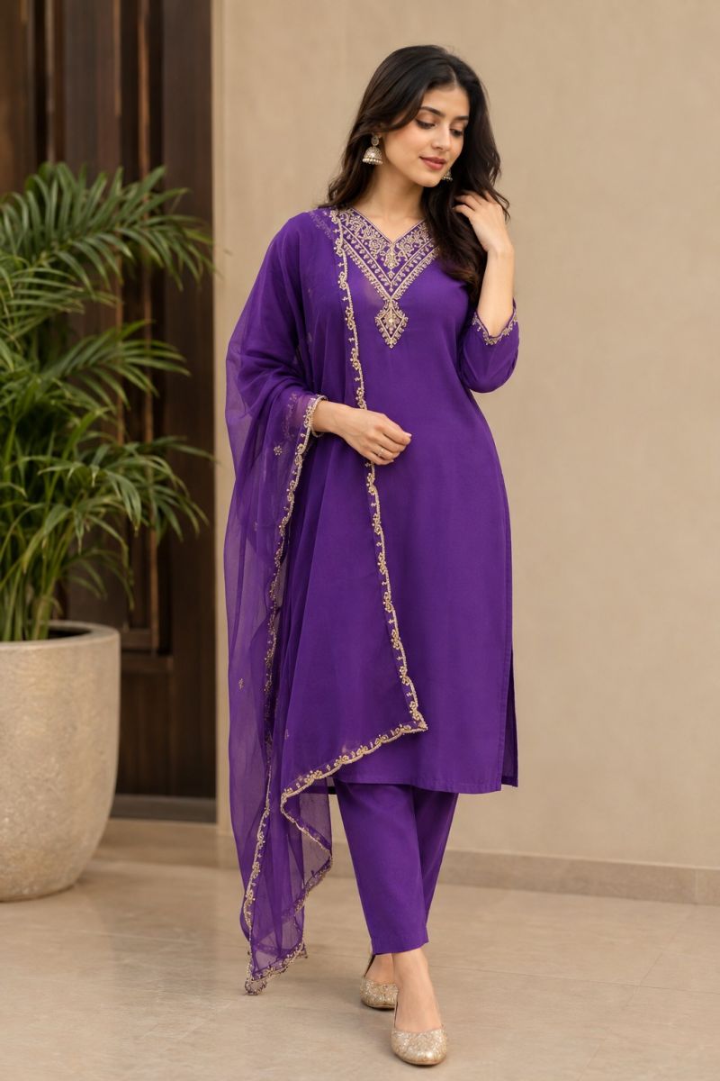 Amrah Emily 31 And 32 Slub Rayon Embroidered Kurti Pant Dupatta Set