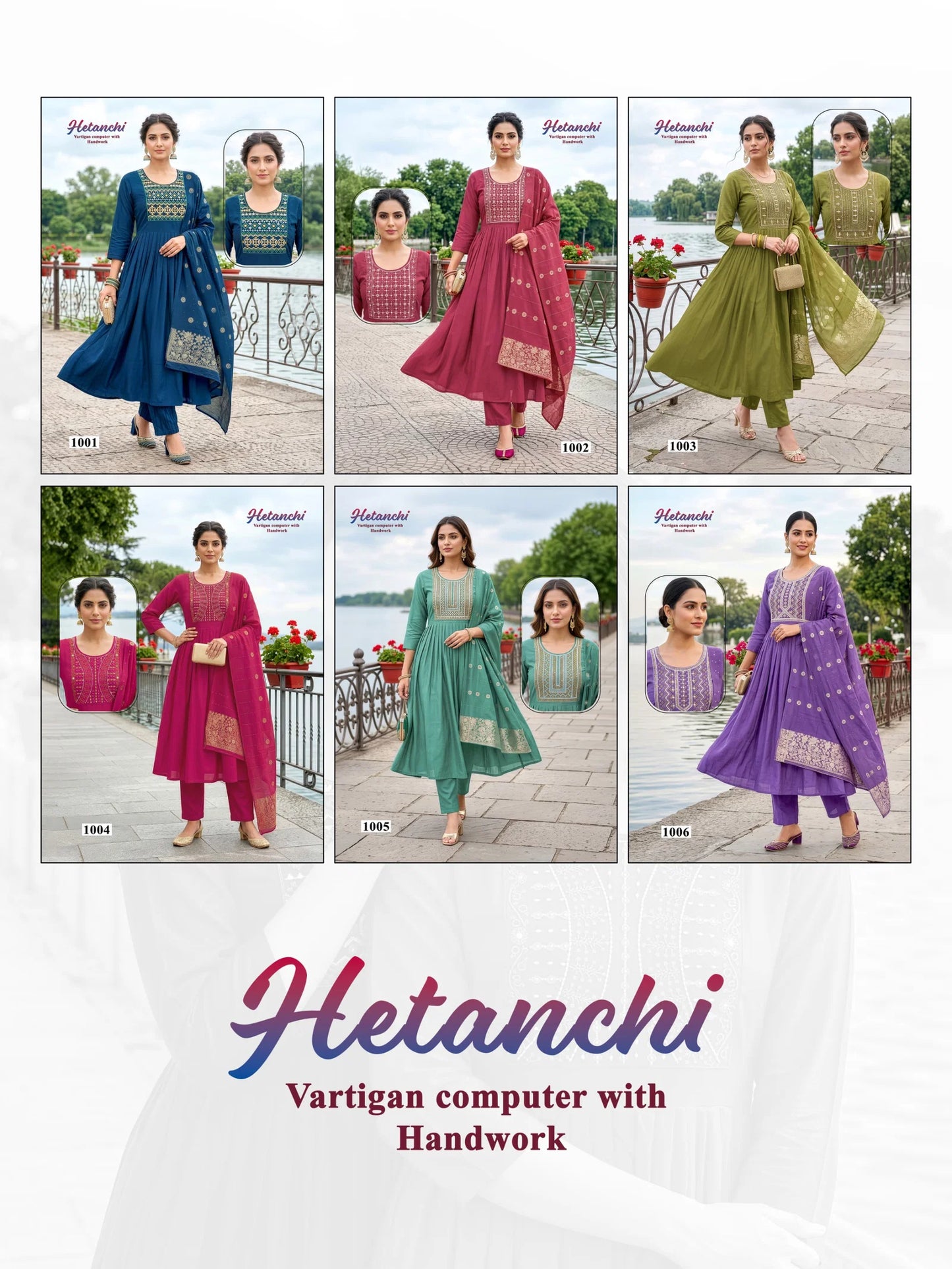 Amrah Wholesale Hetanchi D No 1001 To 06 Vertican Kurti Pant Dupatta Set