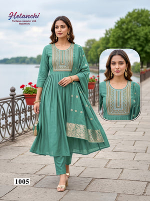 Amrah Wholesale Hetanchi D No 1001 To 06 Vertican Kurti Pant Dupatta Set