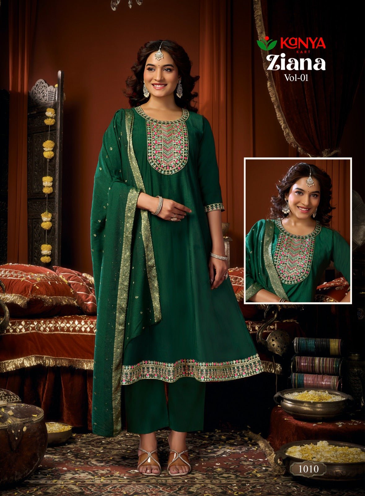 Amrah Kanya Zianna Vol 1 Vertican Embroidered Kurti Pant Dupatta Set - Amrah Wholesale