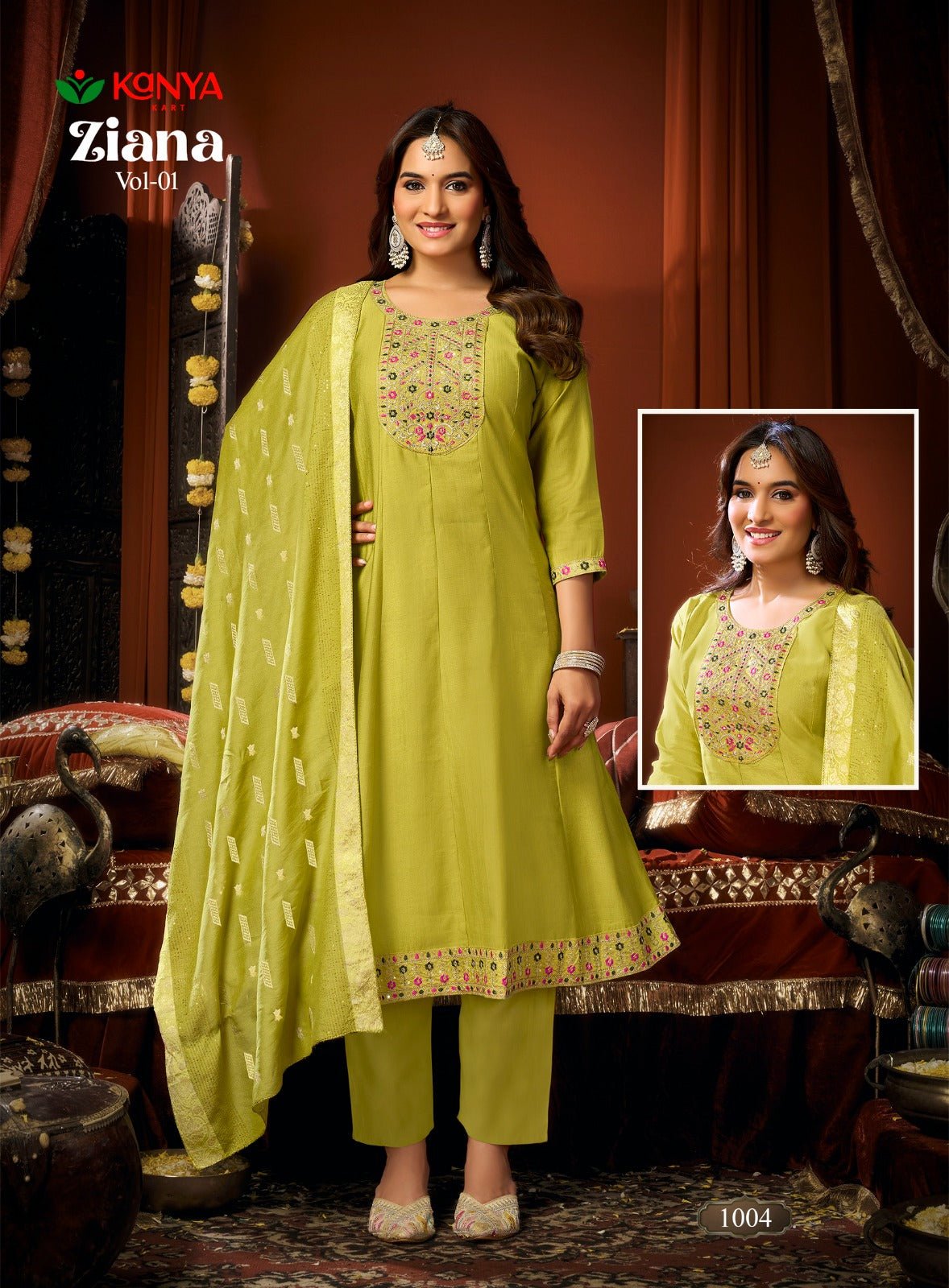 Amrah Kanya Zianna Vol 1 Vertican Embroidered Kurti Pant Dupatta Set - Amrah Wholesale
