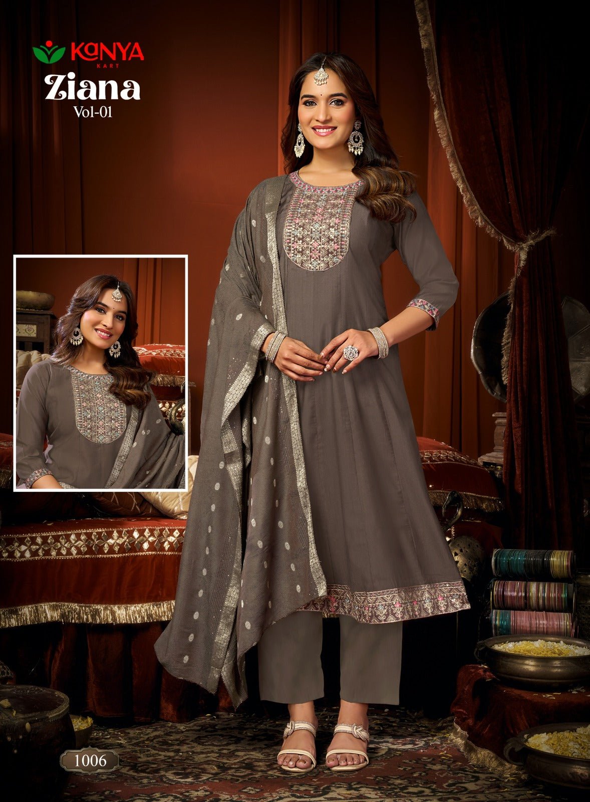 Amrah Kanya Zianna Vol 1 Vertican Embroidered Kurti Pant Dupatta Set - Amrah Wholesale