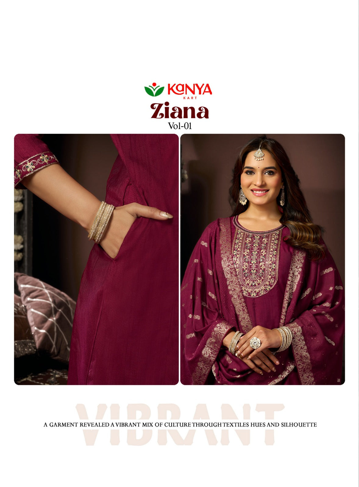 Amrah Kanya Zianna Vol 1 Vertican Embroidered Kurti Pant Dupatta Set