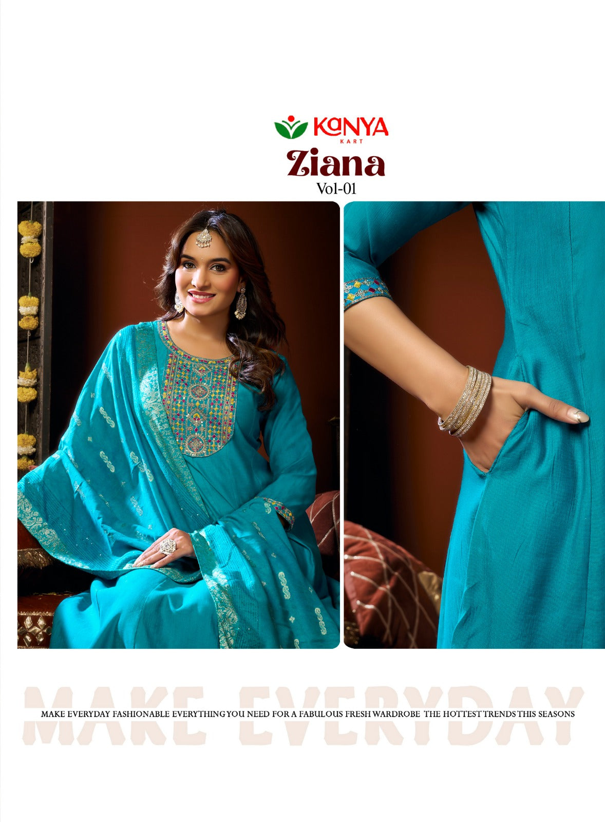 Amrah Kanya Zianna Vol 1 Vertican Embroidered Kurti Pant Dupatta Set
