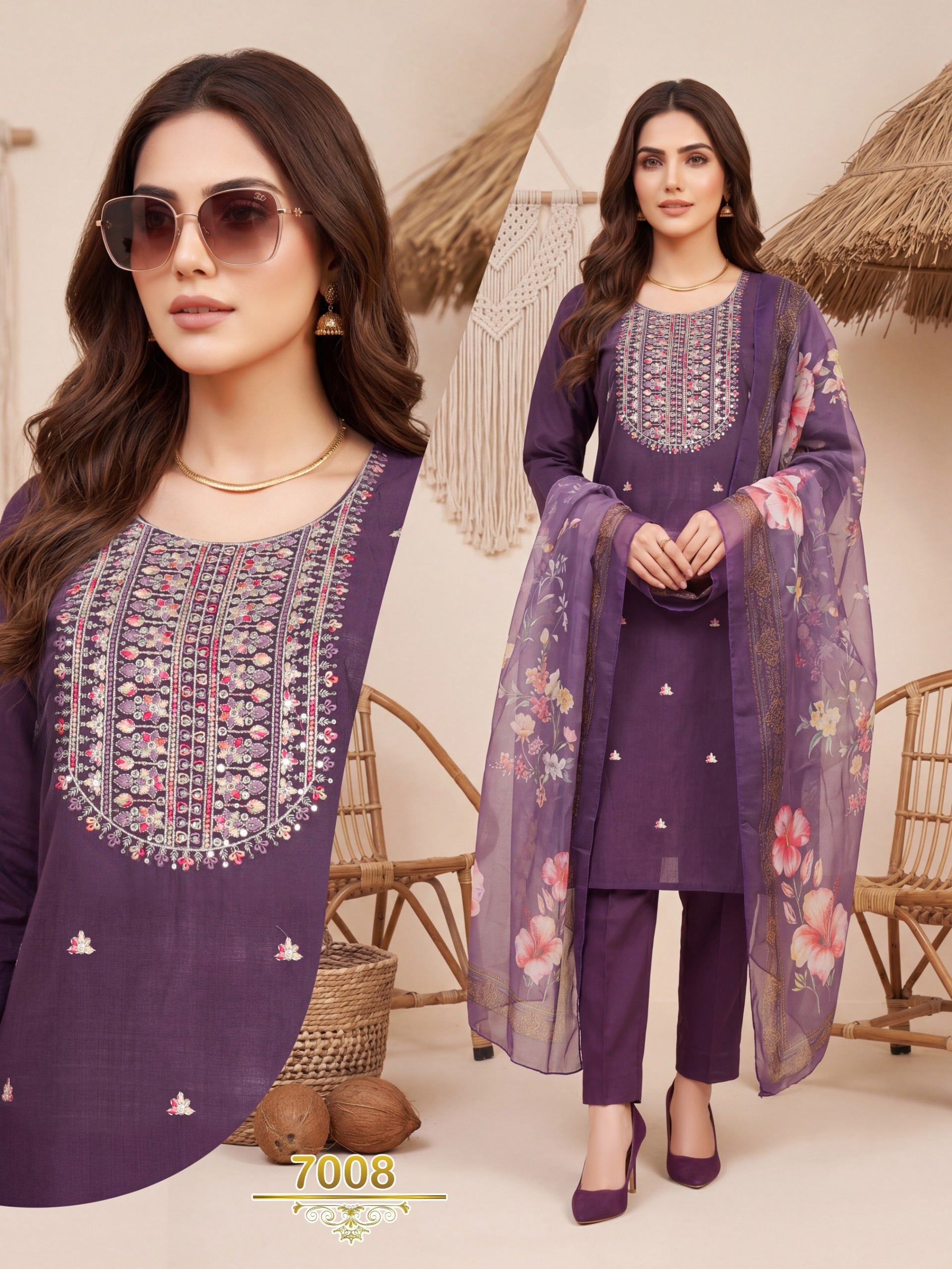 Amrah Wholesale Khusboo Vol 7 Vertican Kurti Pant Dupatta Set