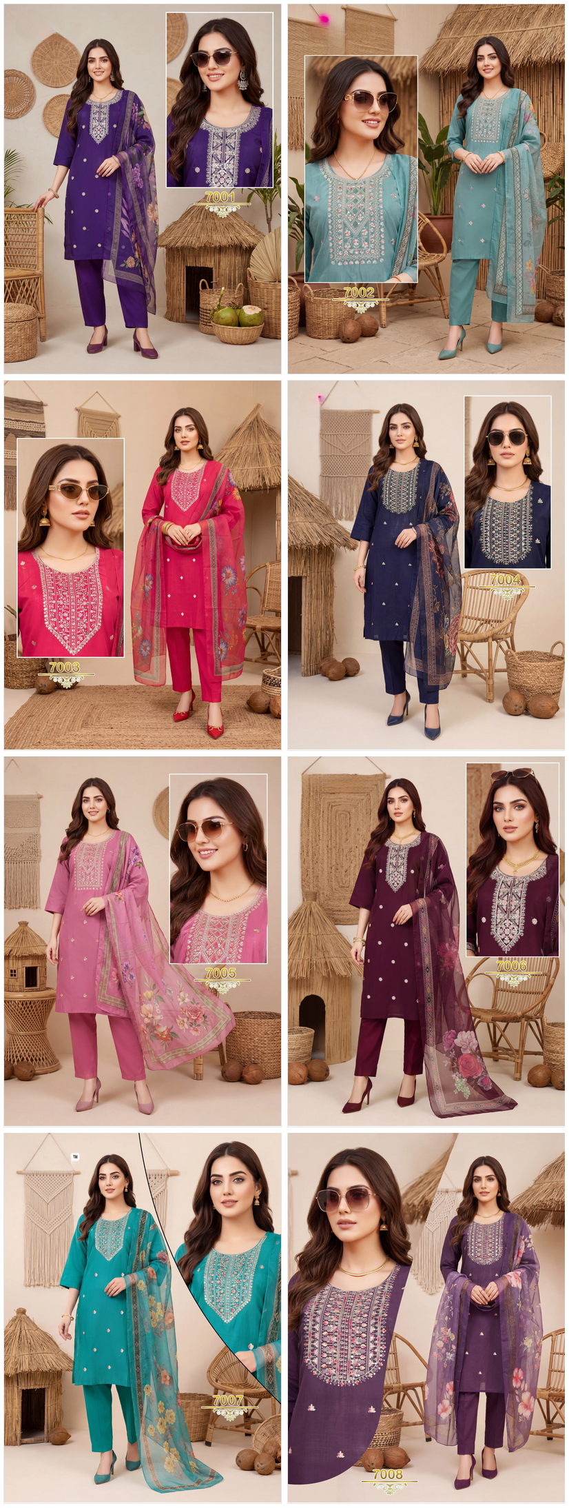 Amrah Wholesale Khusboo Vol 7 Vertican Kurti Pant Dupatta Set