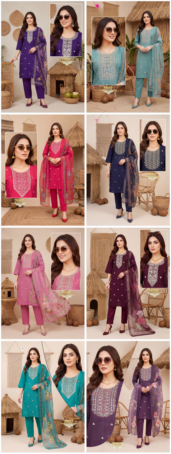 Amrah Wholesale Khusboo Vol 7 Vertican Kurti Pant Dupatta Set