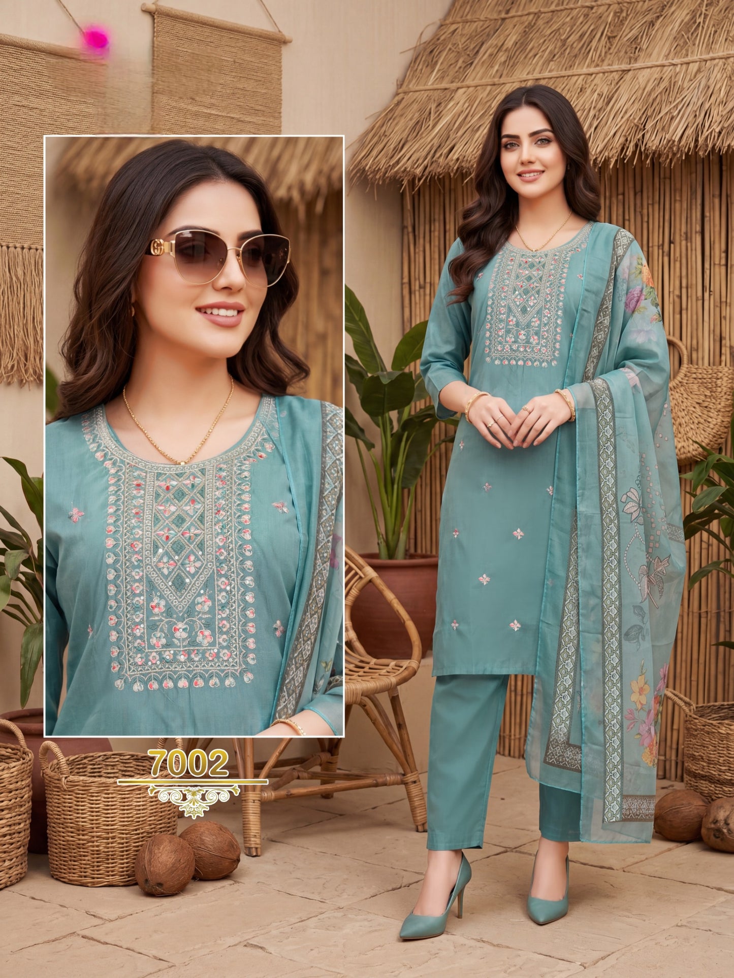 Amrah Wholesale Khusboo Vol 7 Vertican Kurti Pant Dupatta Set
