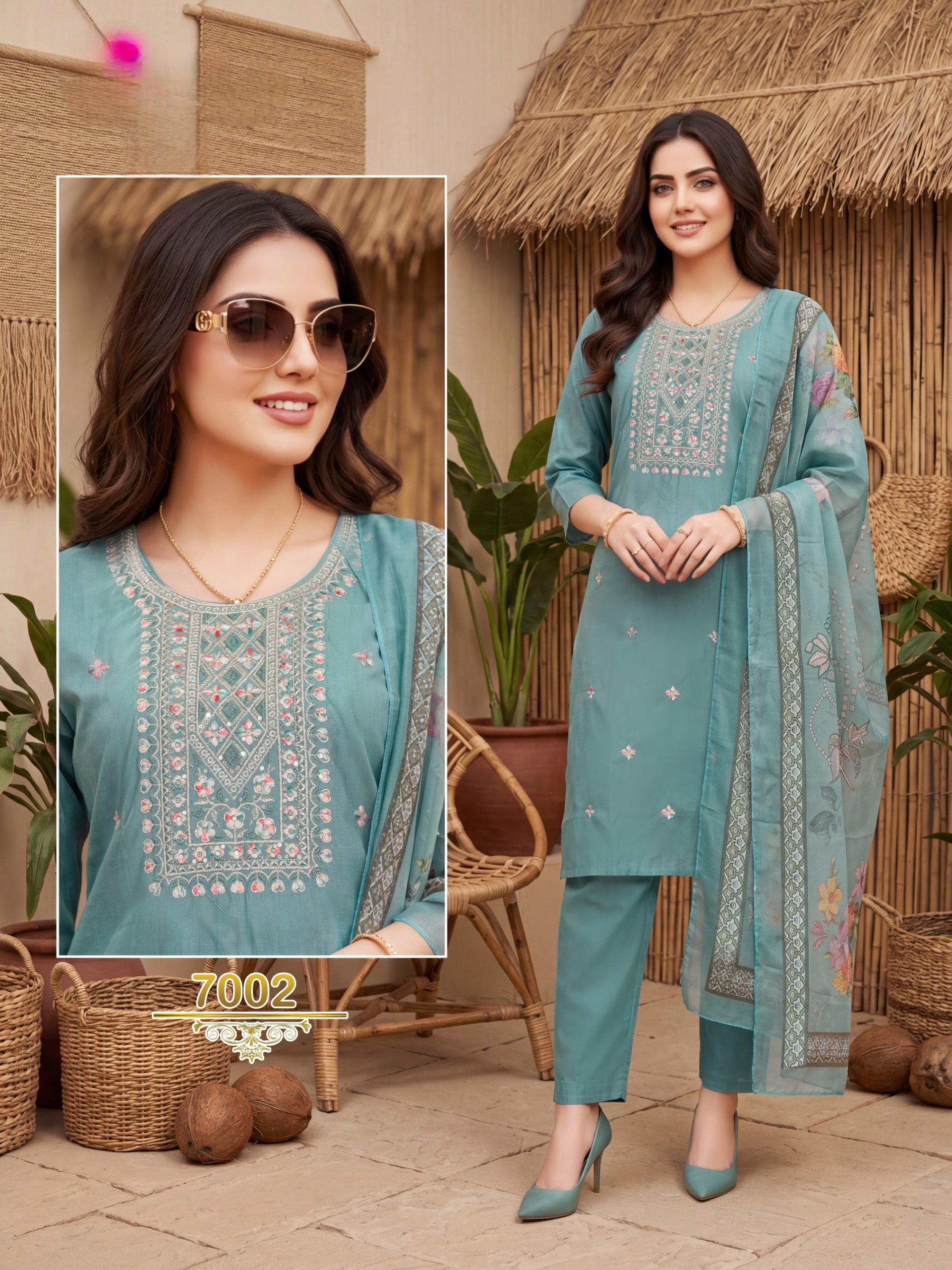 Amrah Wholesale Khusboo Vol 7 Vertican Kurti Pant Dupatta Set