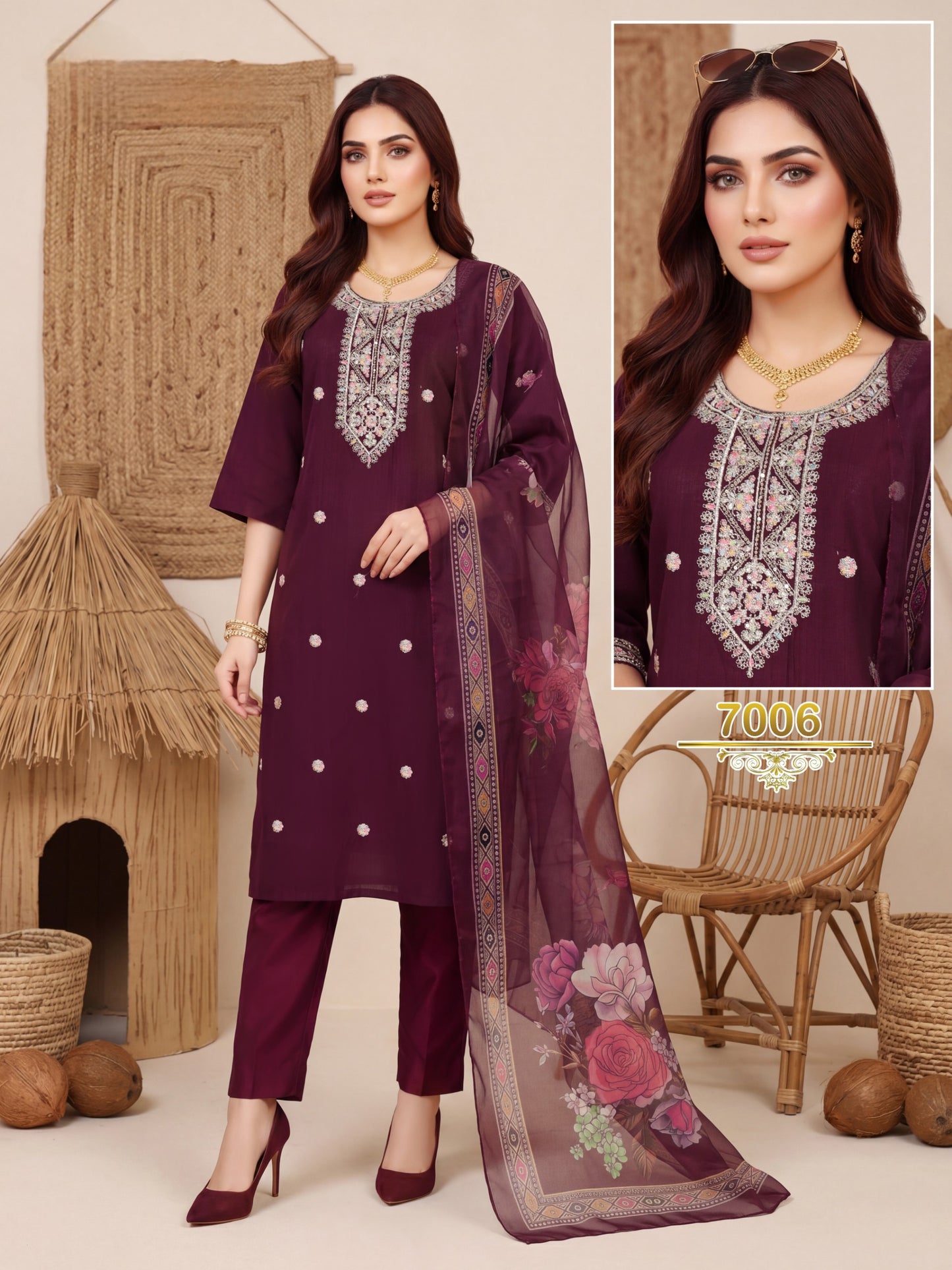 Amrah Wholesale Khusboo Vol 7 Vertican Kurti Pant Dupatta Set