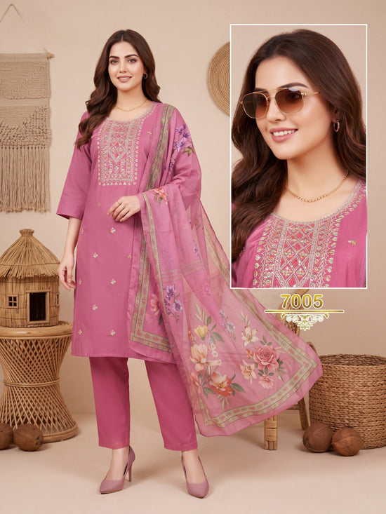 Amrah Wholesale Khusboo Vol 7 Vertican Kurti Pant Dupatta Set