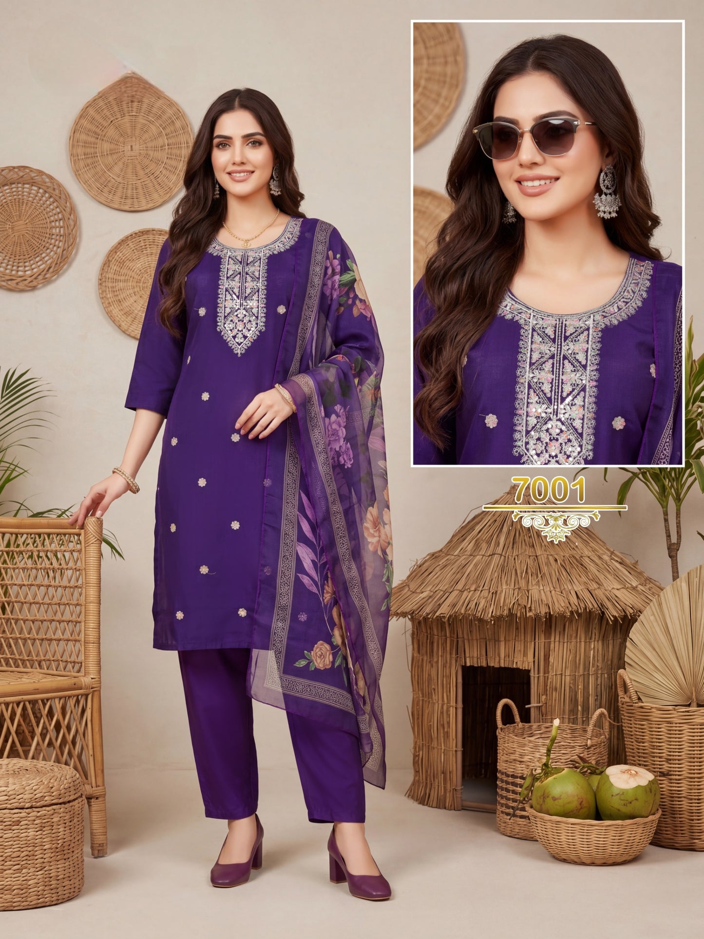 Amrah Wholesale Khusboo Vol 7 Vertican Kurti Pant Dupatta Set