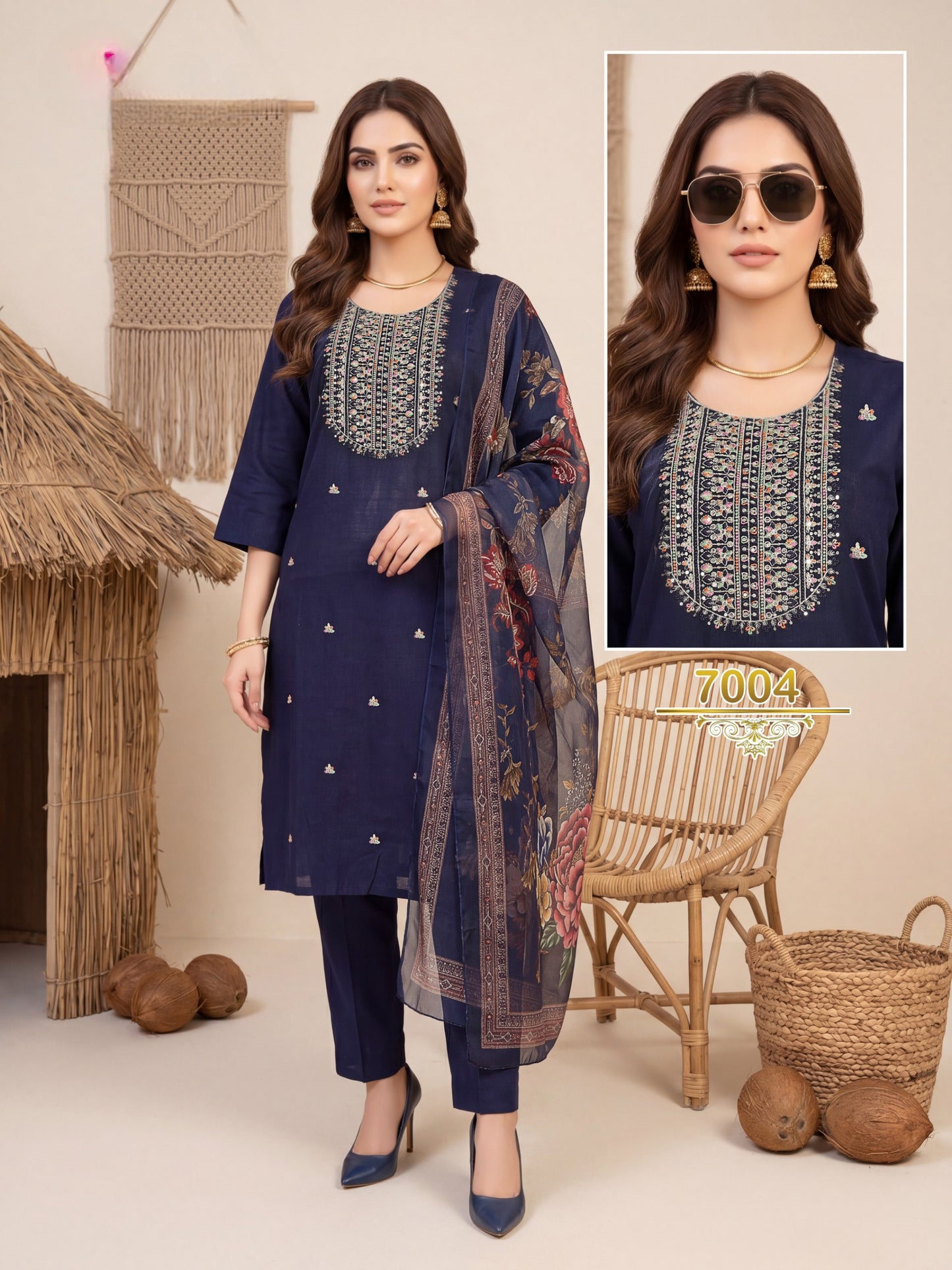 Amrah Wholesale Khusboo Vol 7 Vertican Kurti Pant Dupatta Set