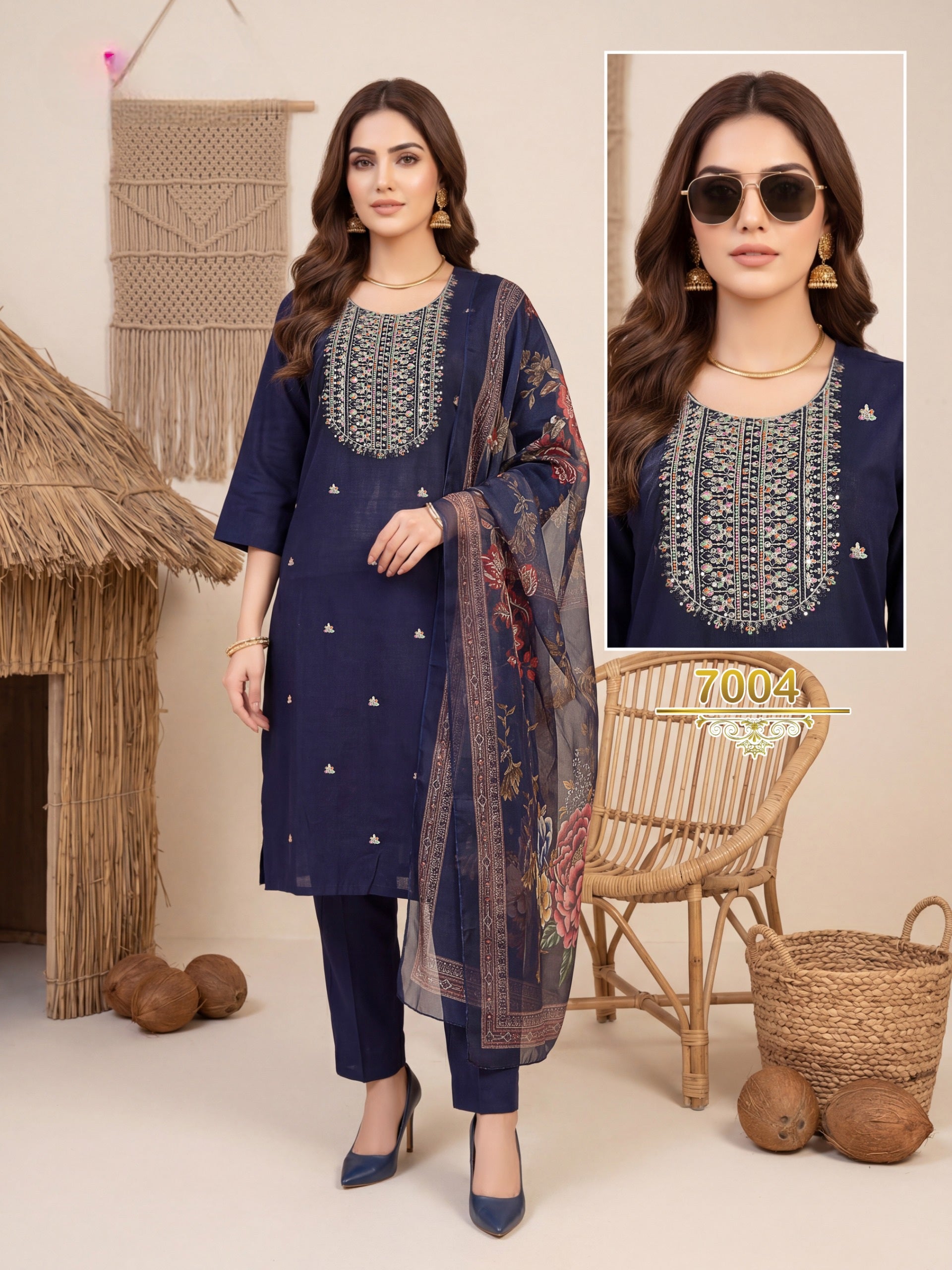 Amrah Wholesale Khusboo Vol 7 Vertican Kurti Pant Dupatta Set