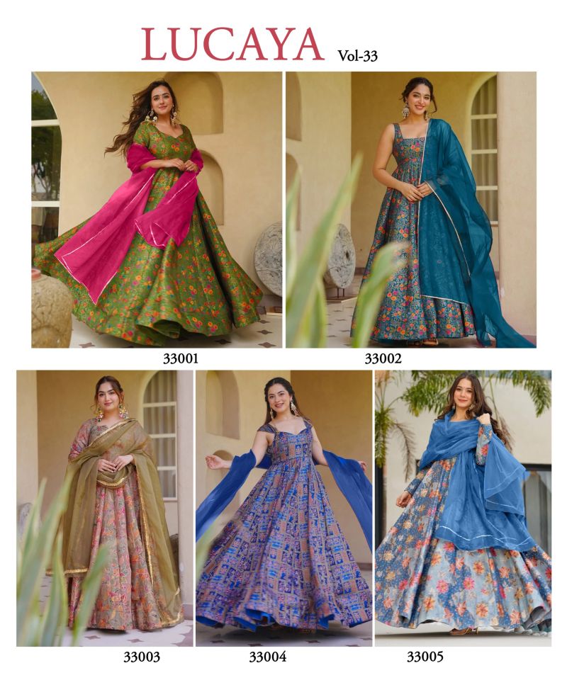 Amrah Wholesale Lucaya Vol 33 Silk Digital Printed Flared Gown Set