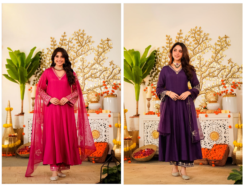 Amrah Mv 650 Viscose Chanderi Embroidered Kurti Pant Dupatta Set