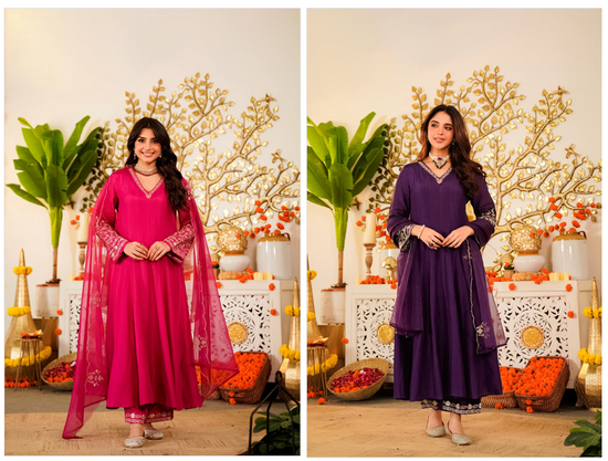 Amrah Mv 650 Viscose Chanderi Embroidered Kurti Pant Dupatta Set
