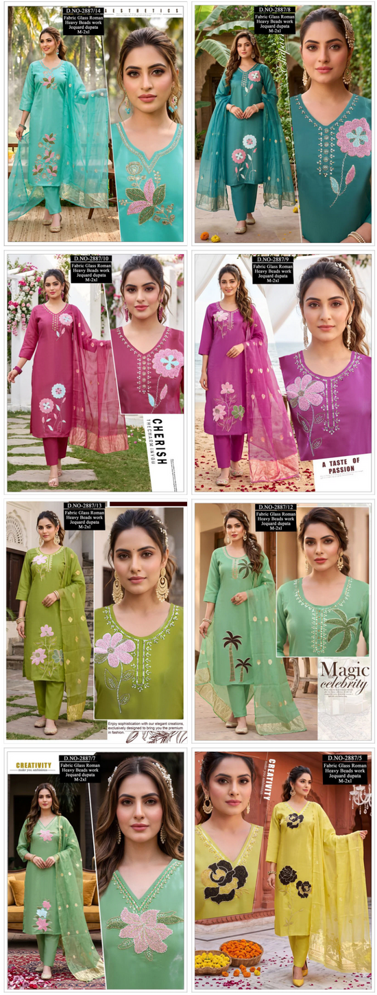 Amrah Wholesale Naisha Combo 2 Roman Glass Beads Worked Kurti Pant Dupatta Set