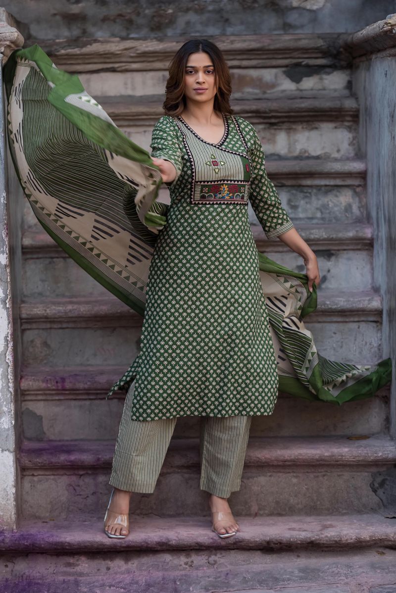 Amrah Naisha K 1091 Pure Cotton Kurti Pant Dupatta Set - Amrah Wholesale