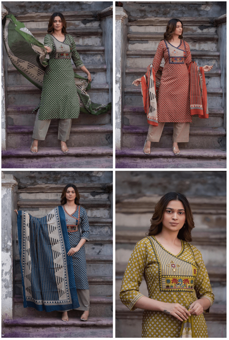 Amrah Naisha K 1091 Pure Cotton Kurti Pant Dupatta Set - Amrah Wholesale