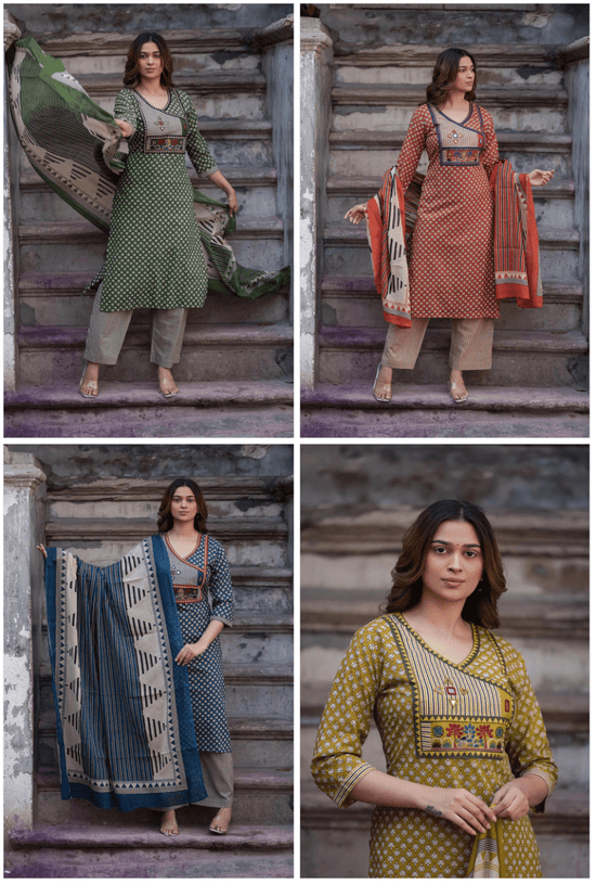 Amrah Naisha K 1091 Pure Cotton Kurti Pant Dupatta Set - Amrah Wholesale
