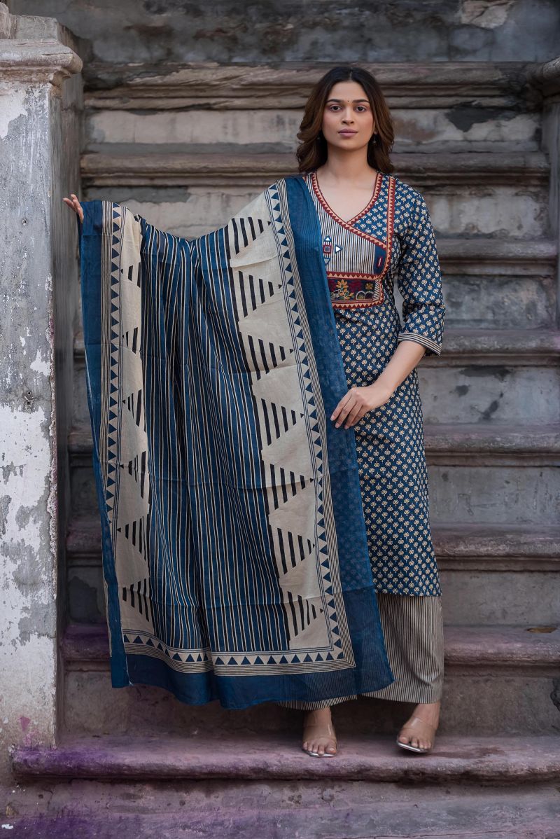 Amrah Naisha K 1091 Pure Cotton Kurti Pant Dupatta Set - Amrah Wholesale