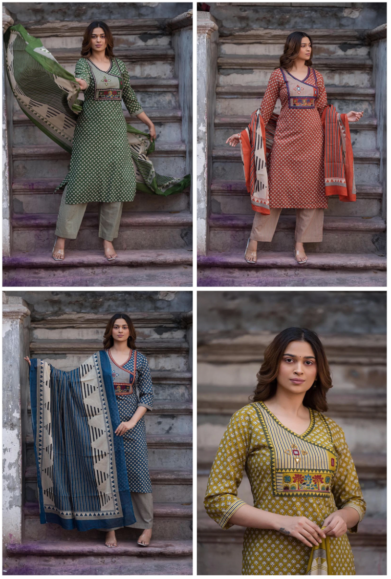 Amrah Naisha K 1091 Pure Cotton Kurti Pant Dupatta Set