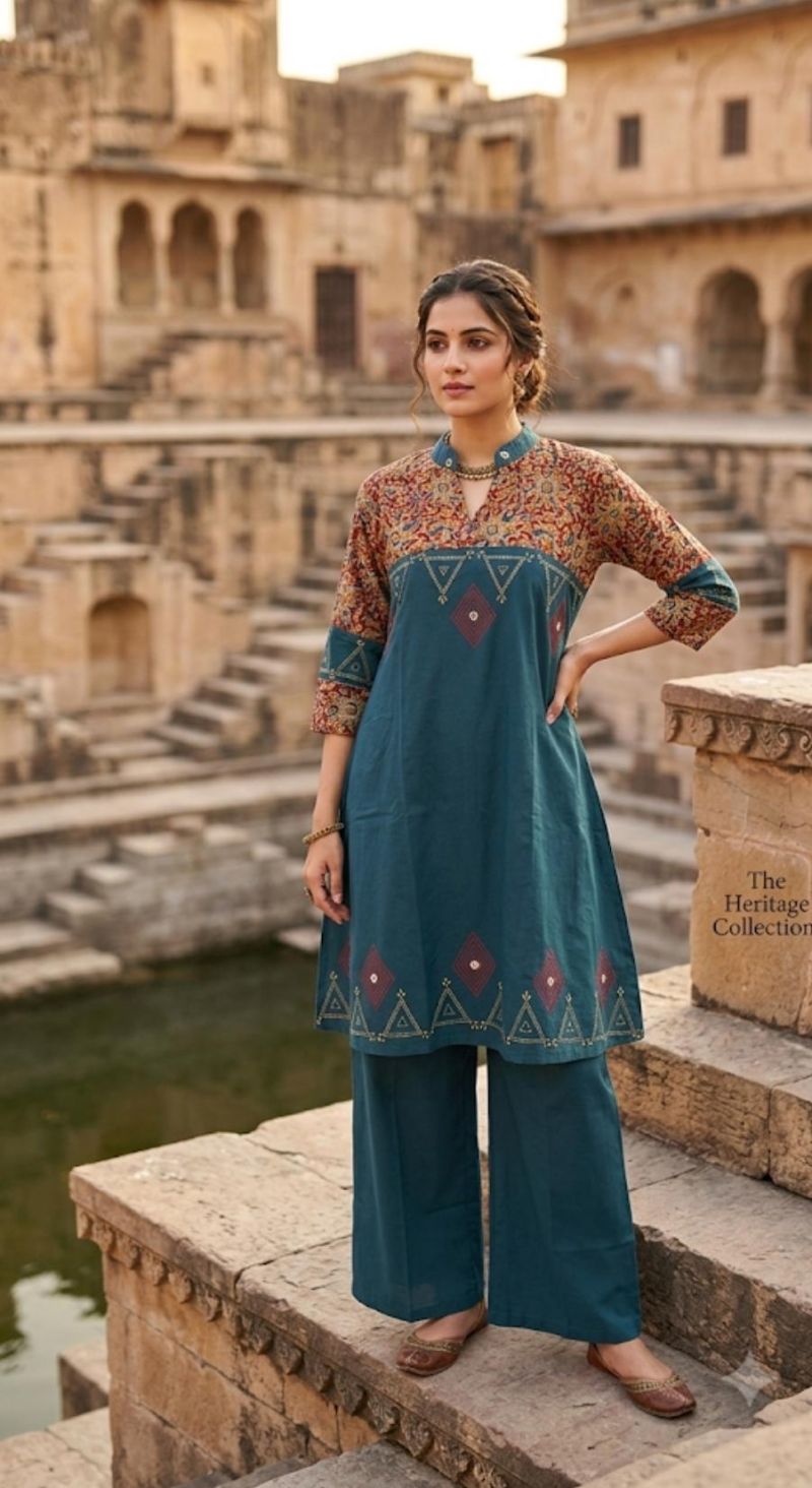 Amrah Naisha K 1092 Dhabu Cotton Kurti Pant Set - Amrah Wholesale