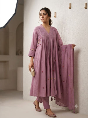 Amrah Naisha K 1093 Mul Cotton Hand Work Anarkali Kurti Pant Dupatta Set