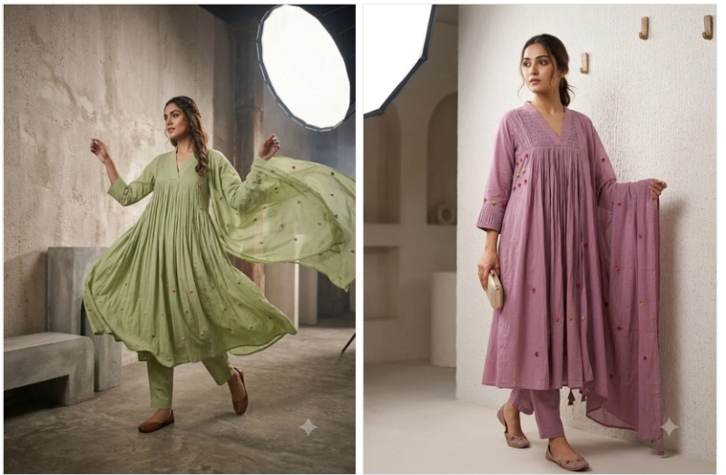 Amrah Naisha K 1093 Mul Cotton Hand Work Anarkali Kurti Pant Dupatta Set