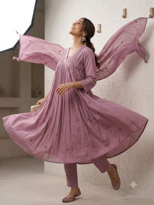 Amrah Naisha K 1093 Mul Cotton Hand Work Anarkali Kurti Pant Dupatta Set